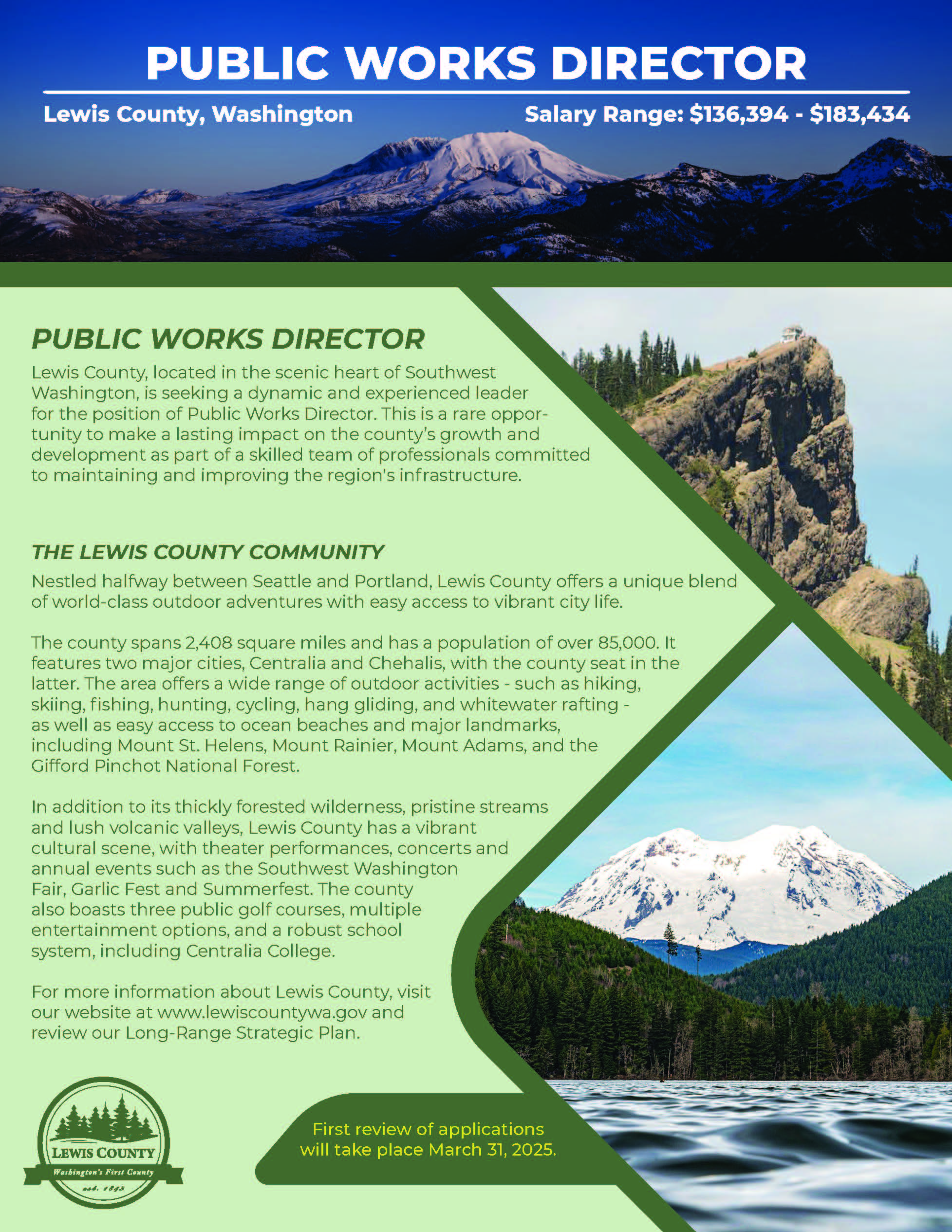 Image 'Public Works Director Flyer Image Backup Page1' displays the pages of the PDF flyer for the job posting Public Works Director. To view the PDF click this link.