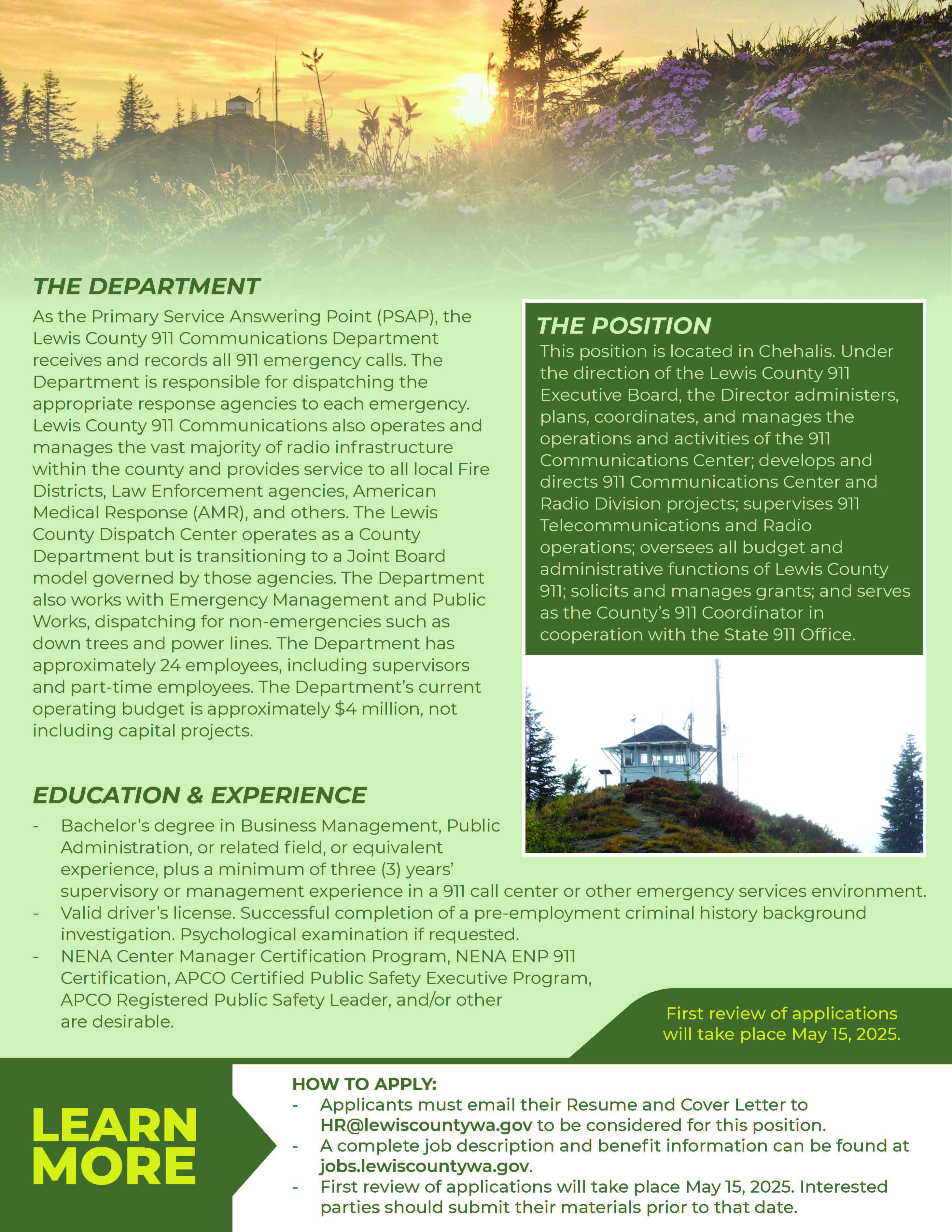 Job posting for 911 Executive Director. To view the PDF Flyer for this job click this link.