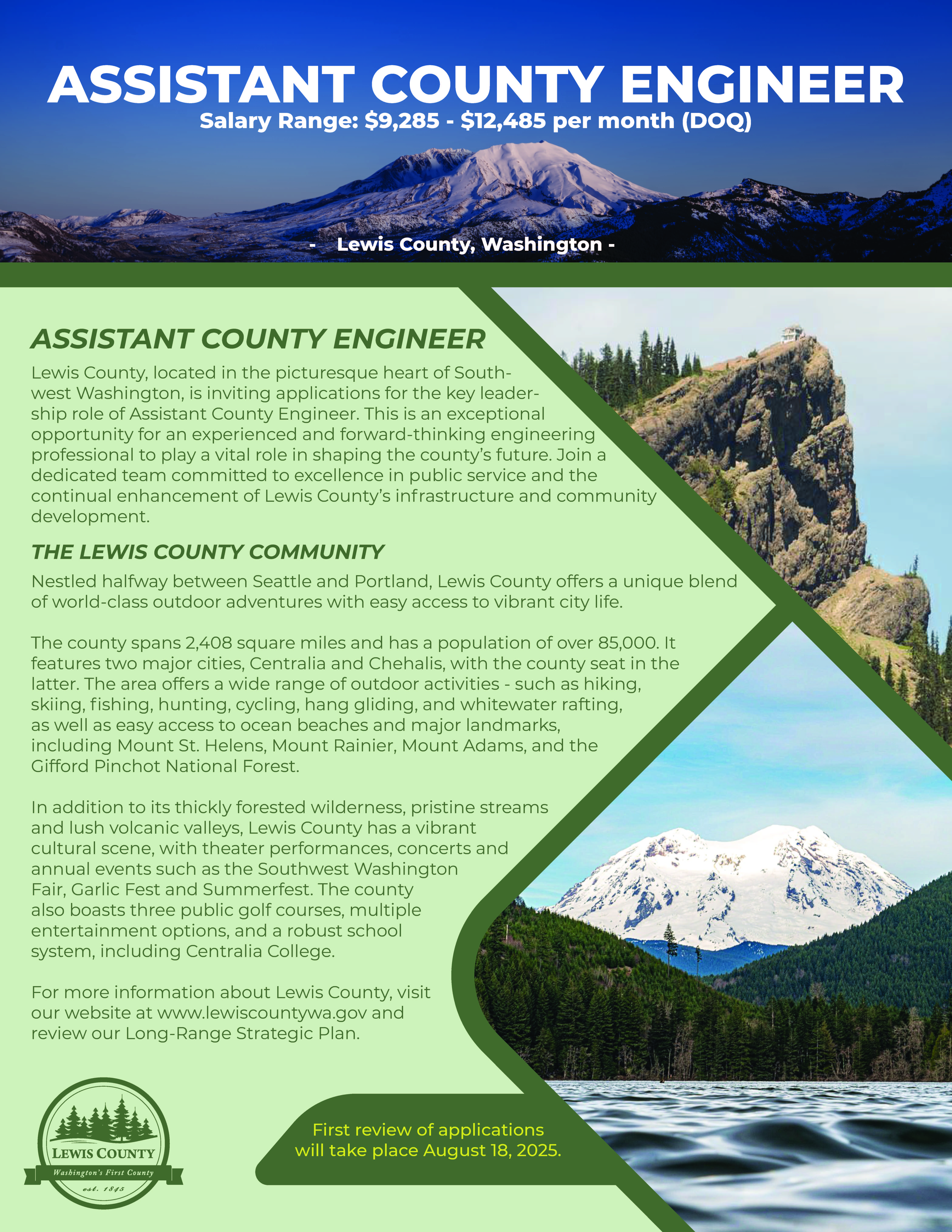 Job posting for Assistant County Engineer. To view the PDF Flyer for this job click this link.