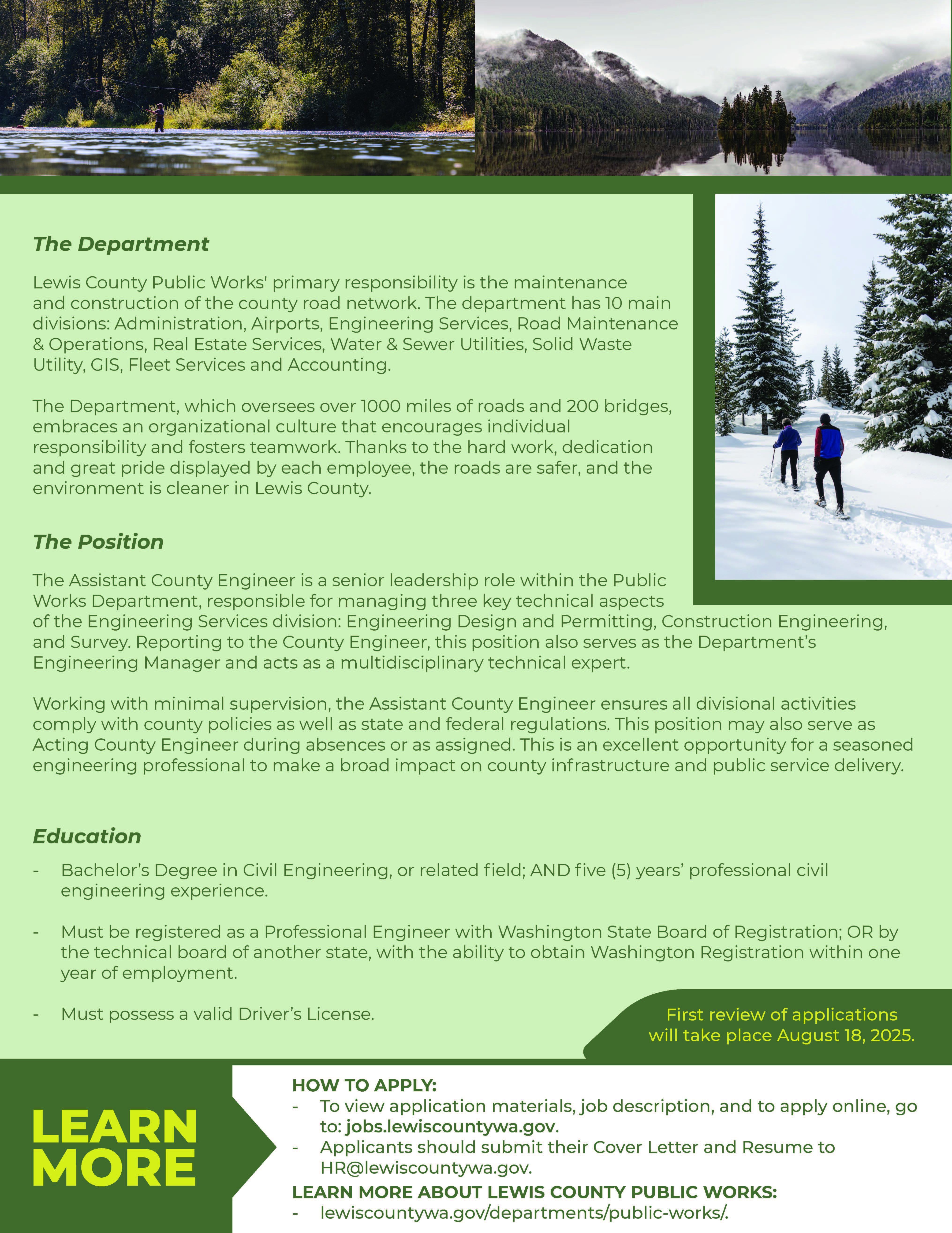 Job posting for Assistant County Engineer. To view the PDF Flyer for this job click this link.