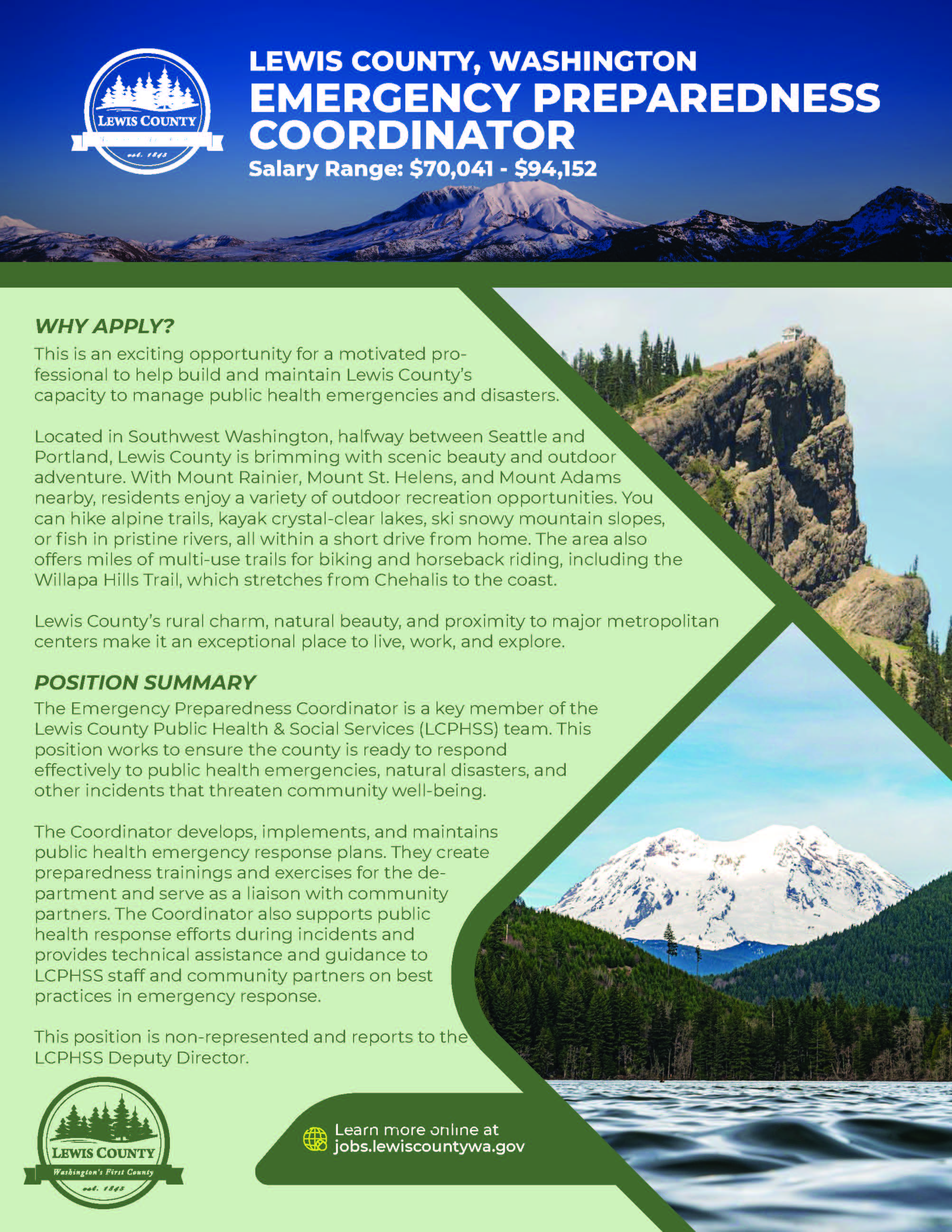 Job posting for Emergency Preparedness Coordinator - Public Health & Social Services. To view the PDF Flyer for this job click this link.